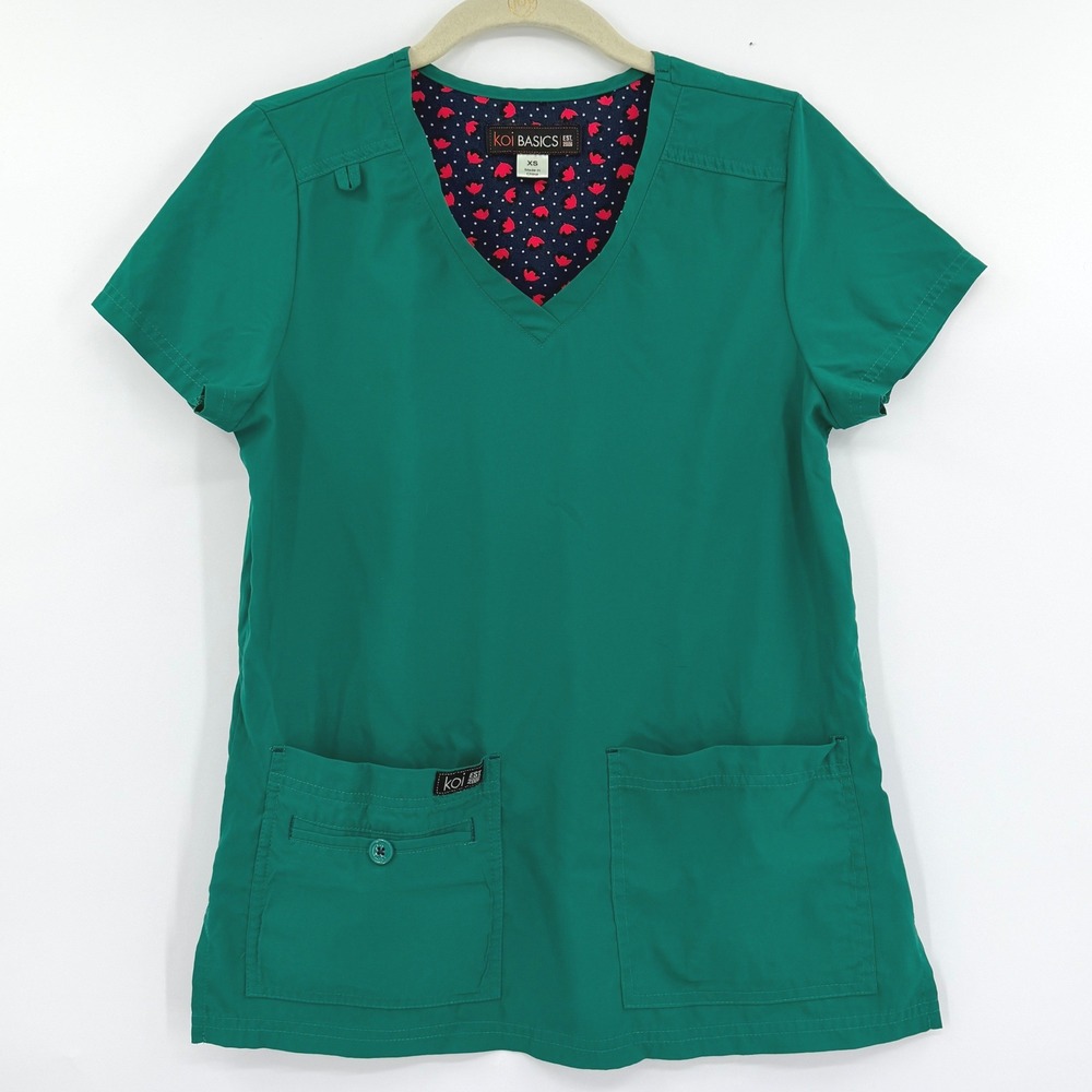 Koi Basics Becca Green V-Neck Scrub Top ID Loop Pockets Size XS